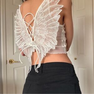 ROMWE White Sheer Mesh Camisole with Lace-Up Angel Wing Back